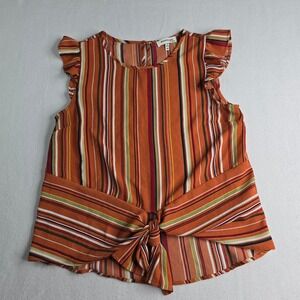 Monteau Los Angeles Women's Medium Striped Ruffle Sleeve Tie Front Top‎
